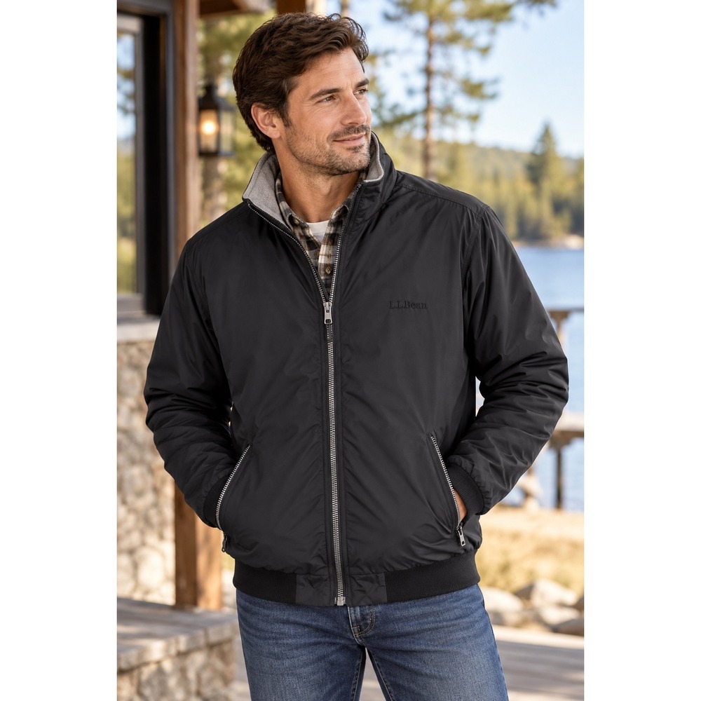 LL Bean Mens Warm-Up Jacket Black Fleece Lined Bomber 205107 Medium NWT